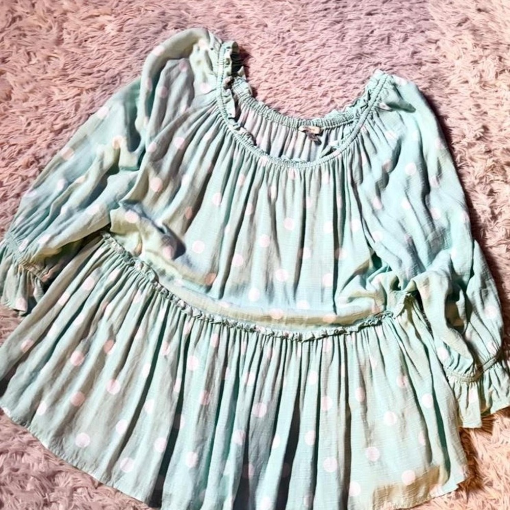 Mint Polka Dot Cutesie Retro 80s Diner Ruffle Flowy Kidcore Top Womens L Quirky